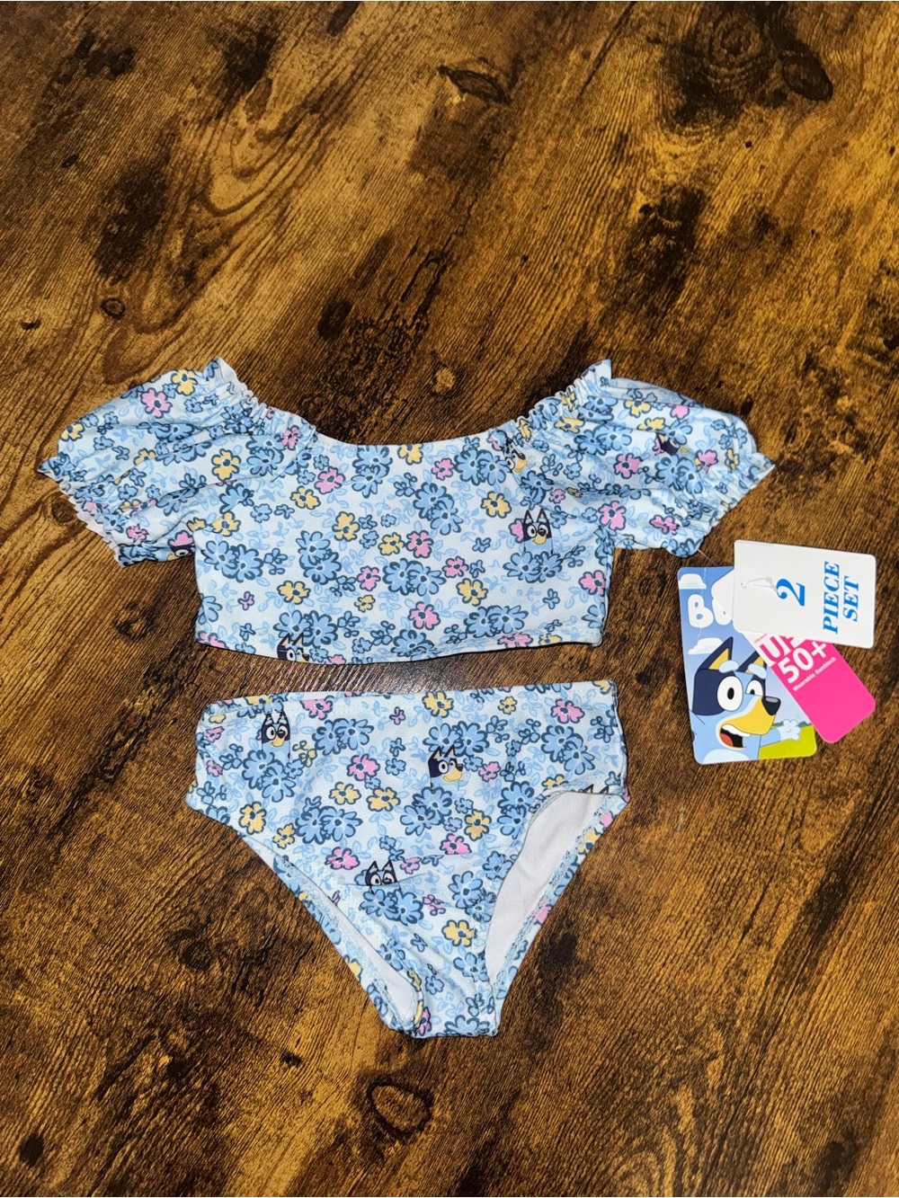 Bluey Girls Light Blue Floral Puff-Sleeve Two-Piece Bikini